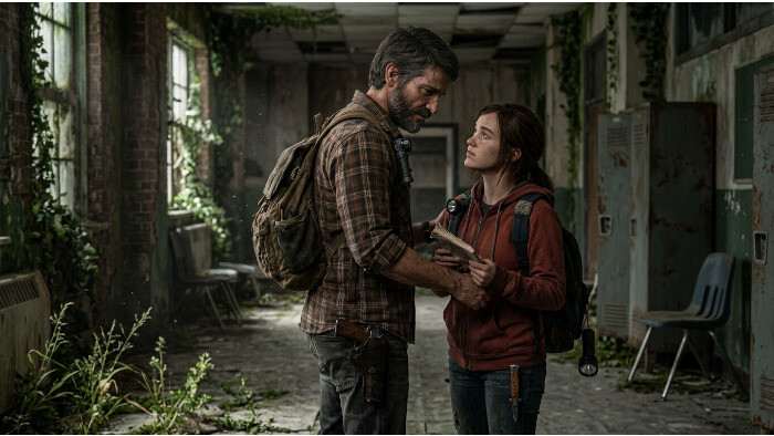 The Last of Us featured thumbnail met Joel en Ellie in een donkere, post-apocalyptische setting
