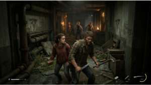 The Last of Us walkthrough thumbnail met Joel en Ellie in een verlaten stad, passend bij een hoofdstuk-overzicht