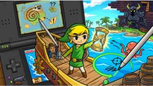 Uitgelichte thumbnail voor The Legend of Zelda: Phantom Hourglass met Link en DS-stylus-avontuurthema