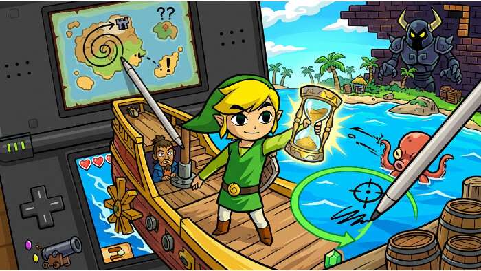 Uitgelichte thumbnail voor The Legend of Zelda: Phantom Hourglass met Link en DS-stylus-avontuurthema