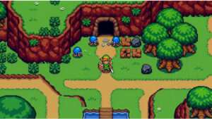 Vierkante thumbnail voor The Legend of Zelda op Switch, met retro NES-stijl artwork en Link als centraal figuur