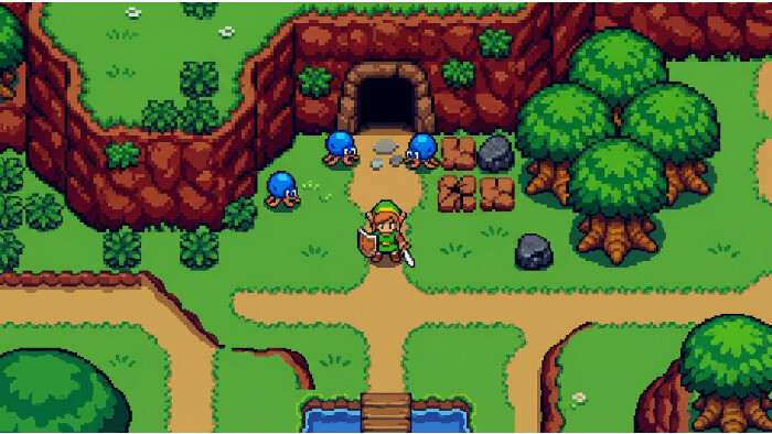 Vierkante thumbnail voor The Legend of Zelda op Switch, met retro NES-stijl artwork en Link als centraal figuur