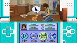 Featured thumbnail van The Sims 2: Pets op Nintendo DS met een Sim en huisdier in cartoonstijl