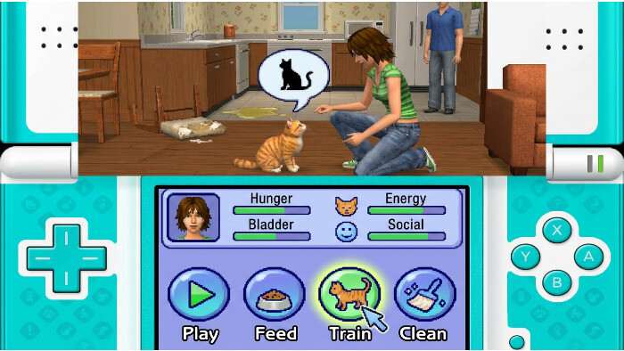 Featured thumbnail van The Sims 2: Pets op Nintendo DS met een Sim en huisdier in cartoonstijl
