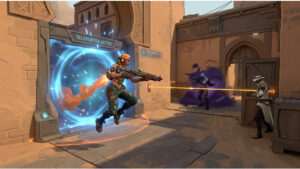 Valorant thumbnail met agent op Bind, gericht op teleporter plays om rounds te winnen