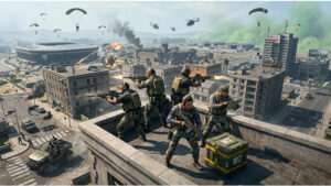 Warzone featured thumbnail met soldaat in tactische uitrusting en rode achtergrond, passend bij de battle royale