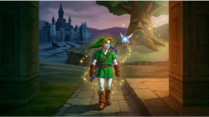 Uitgelichte thumbnail voor The Legend of Zelda: Ocarina of Time op Nintendo Switch, met Link en het Hyrule-thema