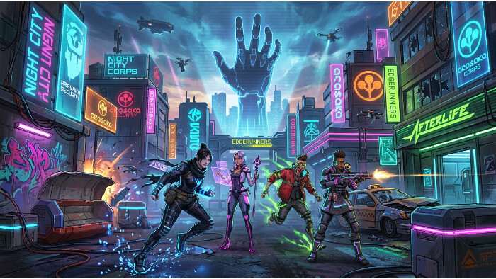 Uitgelichte thumbnail voor Apex Legends over de Cyberpunk 2077 en Edgerunners crossover in Night City