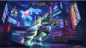 Apex Legends thumbnail met Cyberpunk-event thema, Night City map takeover en neon futuristische stijl