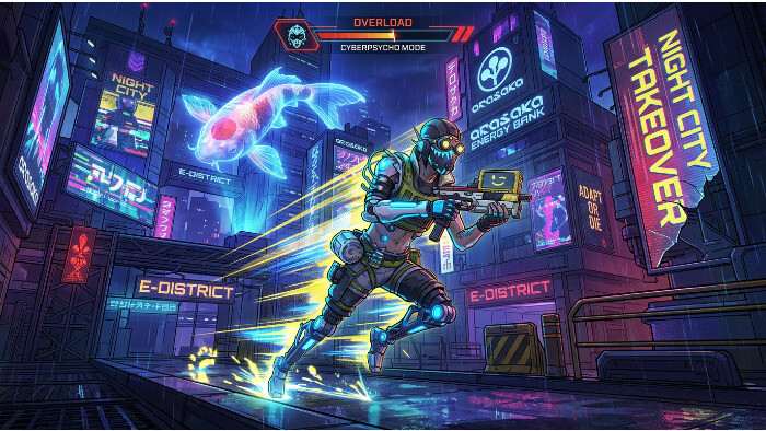 Apex Legends thumbnail met Cyberpunk-event thema, Night City map takeover en neon futuristische stijl