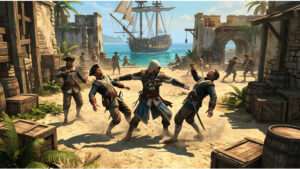 Uitgelichte thumbnail van Assassin's Creed IV: Black Flag met piraat-assassin en Resynced focus op combat en stealth