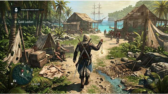 Uitgelichte thumbnail voor Assassin's Creed IV: Black Flag met piratenscène die het verloren medaillon in de Cariben suggereert