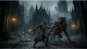 Bloodborne featured thumbnail met een duistere jager-silhouet, passend bij horror door combatdruk in plaats van jumpscares