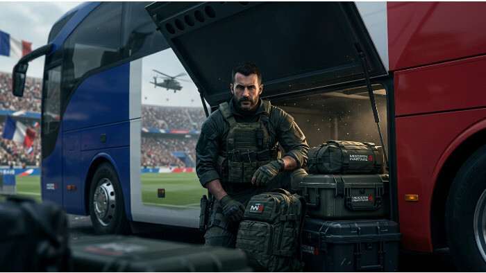 Featured thumbnail over Call of Duty: Modern Warfare III met Modern Warfare 4 branding op de Team France-bus