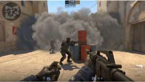 Counter-Strike 2 thumbnail met rook van smokes die het zicht blokkeert en de mindgame op de server benadrukt