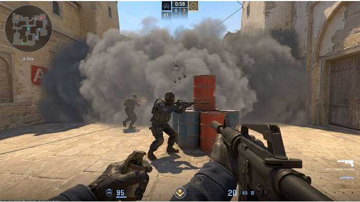 Counter-Strike 2 thumbnail met rook van smokes die het zicht blokkeert en de mindgame op de server benadrukt