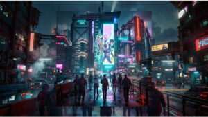 Cyberpunk 2077 uitgelichte thumbnail met neon sci-fi sfeer die de hoge Steam spelerspiek na drie jaar benadrukt