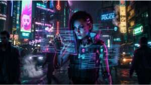 Cyberpunk 2077 featured thumbnail met neon stadsilhouet en een hacker-achtige netrunner vibe rond TikTok
