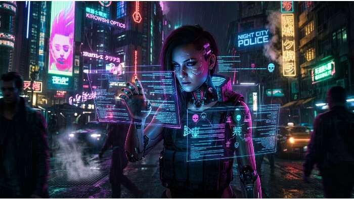Cyberpunk 2077 featured thumbnail met neon stadsilhouet en een hacker-achtige netrunner vibe rond TikTok