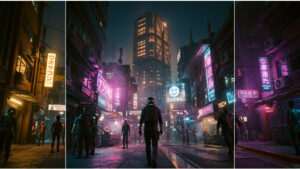 Uitgelichte thumbnail voor Cyberpunk 2077 over spelen zonder minimap, met neon Night City als visueel kompas
