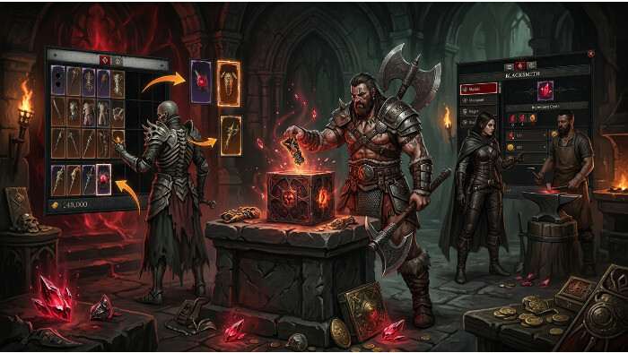 Diablo IV thumbnail met donkere demonische sfeer bij patch 3.1.1 over Mythic drops en crafting kosten