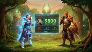 Dota 2 featured thumbnail met "Behavior Score"-titel, passend bij het artikel over het gedragssysteem