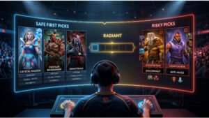 Dota 2 uitgelichte thumbnail met een hero-portret en tekst over veilige first picks in de draft