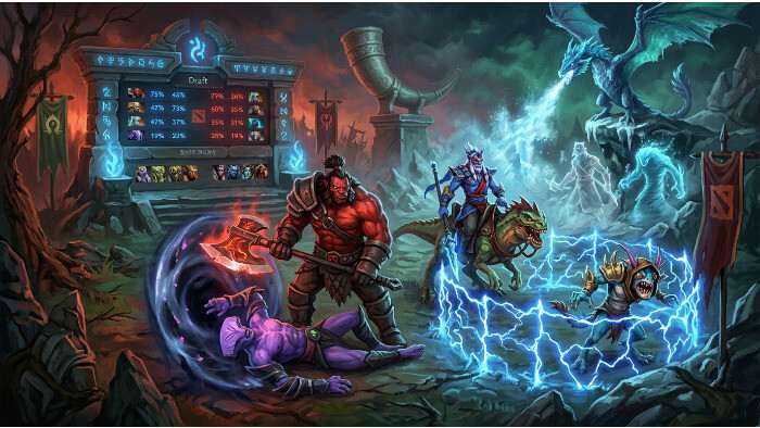 Dota 2 uitgelichte thumbnail met draft-scherm en hero-iconen, gericht op meta counterpicks