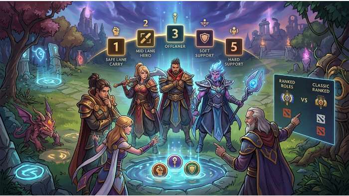 Dota 2 featured thumbnail over ranked role queue met vaste rollen voor matchmaking