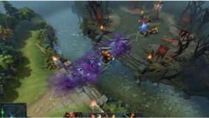 Dota 2 thumbnail met paarse rookwolk en gank-silhouet, passend bij een guide over Smoke ganks plannen