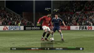 Uitgelichte thumbnail voor FIFA Soccer 09 op PS met voetbalactie en titeltekst in retro 2008-stijl