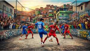 FIFA Street featured thumbnail met straatvoetbalspeler in actie en dynamische game-achtige achtergrond