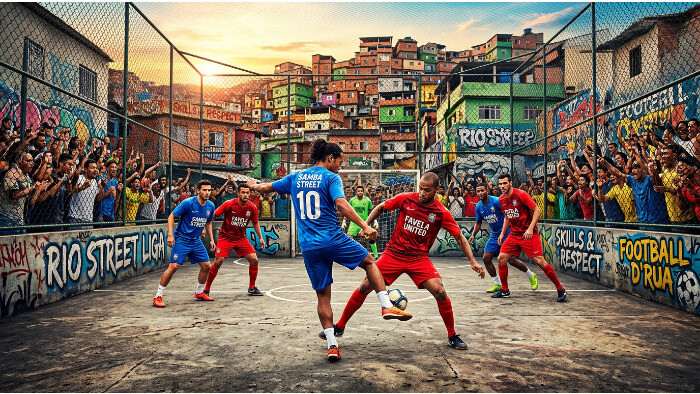 FIFA Street featured thumbnail met straatvoetbalspeler in actie en dynamische game-achtige achtergrond