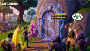 Fortnite thumbnail met een mysterieuze deur in Battlewoods als centraal onderwerp