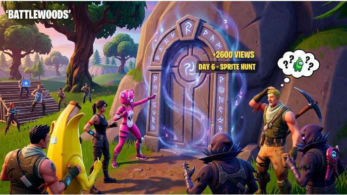 Fortnite thumbnail met een mysterieuze deur in Battlewoods als centraal onderwerp