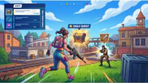 Fortnite featured thumbnail met een dagelijkse quests en XP farm thema voor efficiënt levelen