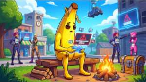 Fortnite thumbnail met een foutmelding over matchmaking en een gids-achtige vormgeving per platform