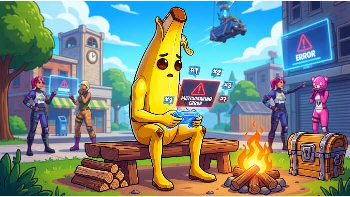 Fortnite thumbnail met een foutmelding over matchmaking en een gids-achtige vormgeving per platform