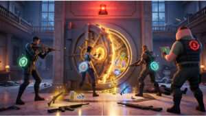 Fortnite thumbnail met de titel over medallions en vaults op een blauwe achtergrond