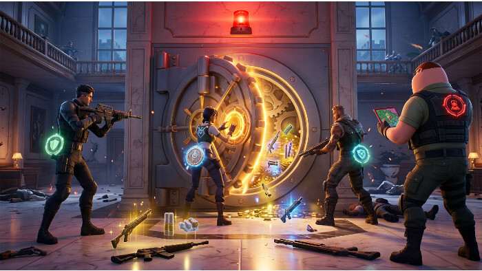 Fortnite thumbnail met de titel over medallions en vaults op een blauwe achtergrond