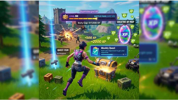 Fortnite thumbnail met een personage in een neon paarse stad, passend bij snel levelen en maximale XP per dag