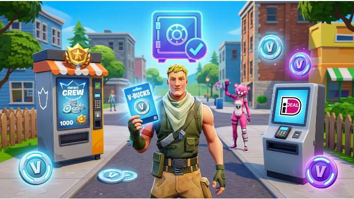 Fortnite thumbnail met V-Bucks munticonen bij een gids over goedkoop en veilig V-Bucks kopen in Nederland
