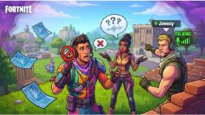 Fortnite featured thumbnail over voice chat problemen, met een headset-icoon en storingsmelding