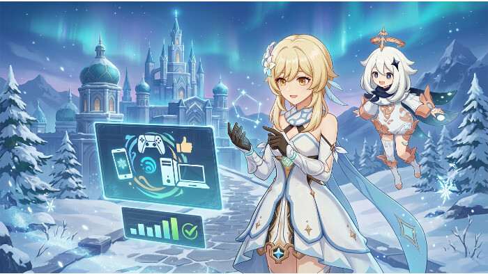 Genshin Impact 7.0 uitgelichte thumbnail met personage op fantasie-achtergrond en tekst over bijna elk apparaat