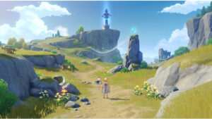 Genshin Impact featured thumbnail over een vaste route door Teyvat, met gamekunst en titelbanner