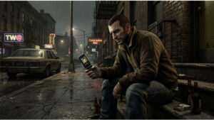 Vierkante thumbnail voor Grand Theft Auto IV met sombere sfeer die de morele twijfel uit het artikel verbeeldt