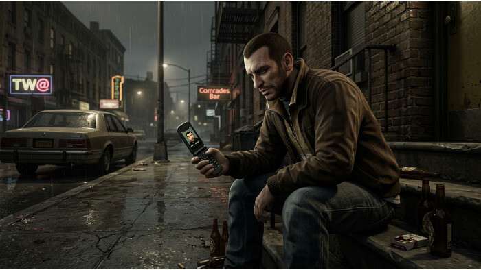 Vierkante thumbnail voor Grand Theft Auto IV met sombere sfeer die de morele twijfel uit het artikel verbeeldt