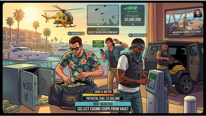 Featured thumbnail voor Grand Theft Auto Online met GTA Online Summer Heist en YouTube grindmodus als koptekst