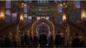 Vierkante thumbnail voor Hogwarts Legacy 2 met magische sfeer, verwijzend naar een mogelijke onthulling op 1 september