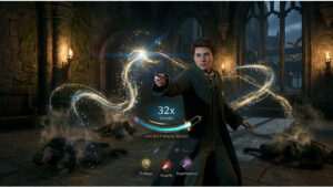 Hogwarts Legacy uitgelichte thumbnail met een tovenaar en magische gloed, passend bij het thema brave held zonder harde keuzes